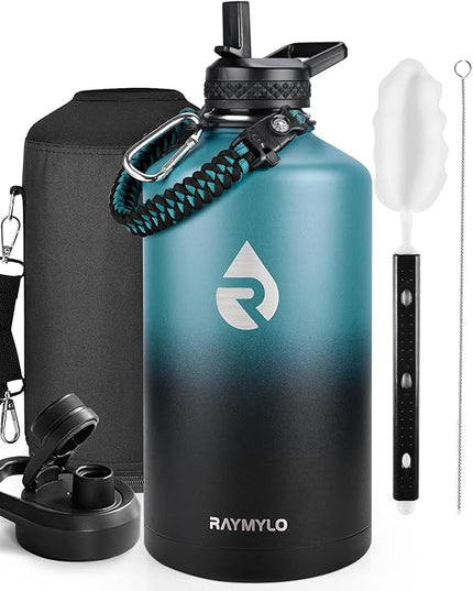 One Gallon Water Bottle Insulated, Triple Walled Vacuum Stainless Steel (Cold for 48 Hrs), Leak Proof & Non-BPA, Large Water Flask Jug with Paracord Handle & Straw Spout Lids