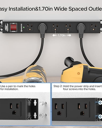 CRST 6 Outlet Heavy Duty Power Strip with Switch, 15A/1875W Metal Mountable Power Strip Surge Protector 2100Joules, Wide Spaced Power Bar for Garage Worshop Home School, 6 FT Cord