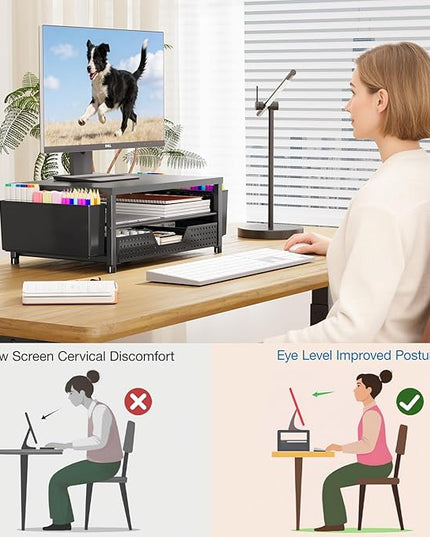 OPNICE Desk Organizer, 2-Tier Computer Monitor Stand Riser with Drawer and 2 Pen Holders, Laptop Stand, Office Desk Accessories for Office Supplies, Black – Hot Seller