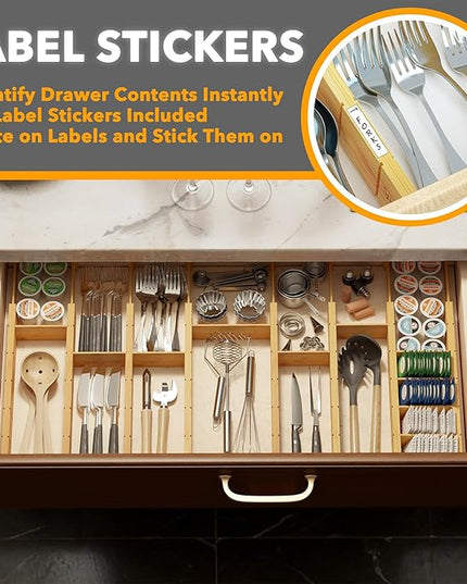 SpaceAid Bamboo Drawer Dividers with Inserts and Labels, Kitchen Adjustable Drawer Organizers, Expandable Organization for Home, Office, Dressers, 10 Dividers with 24 Inserts (17"-22" Natural)
