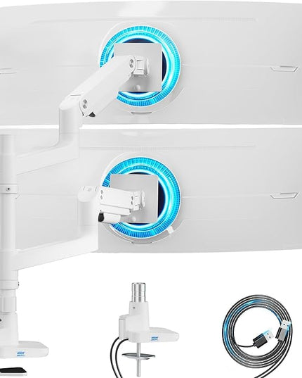 ARES WING Dual Monitor Stand for Ultrawide Heavy Duty Curved Monitor Stacking, Fits 17-49 Inch, Vertical Gas Spring Double Monitor Mount with USB, Adjustable Dual Monitor Mount for Desk, White
