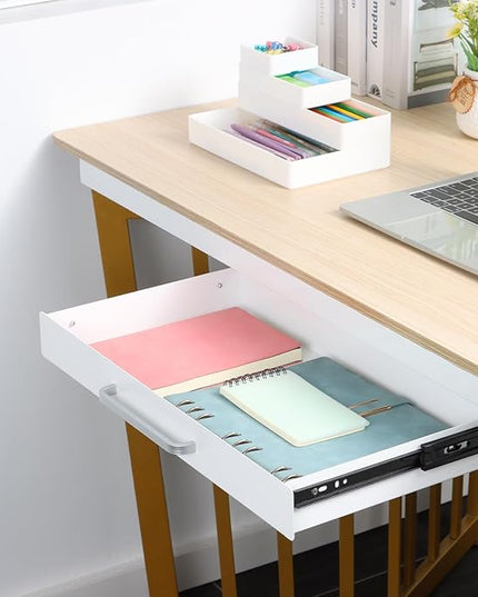 OSteed Under Desk Drawer White 21" with 4 Divider Trays, Under Shelf Pencil Drawer Pull-out, Standing Desk Metal Storage Attachment Slide Out for Workbench