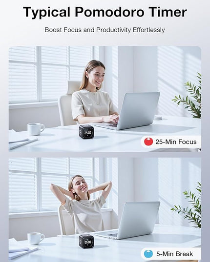 TK3 Pomodoro Timer Cube, Desk Productivity Timer with 5/10/30/60 Min Presets, Custom Countdown, Stopwatch, Clock, 3 Alarm, Silent, Vibrate & Sound Alert, for Task, ADHD, Study, Kitchen, Black