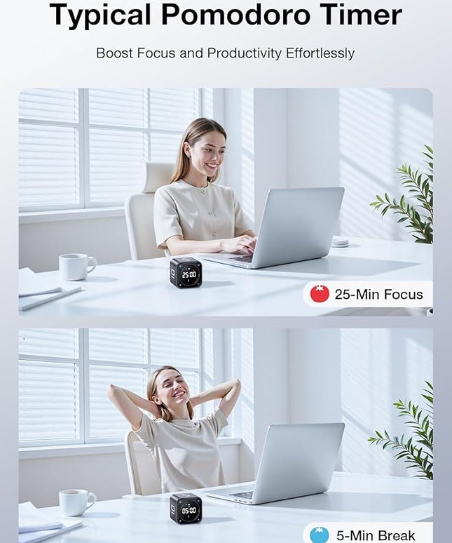 TK3 Pomodoro Timer Cube, Desk Productivity Timer with 5/10/30/60 Min Presets, Custom Countdown, Stopwatch, Clock, 3 Alarm, Silent, Vibrate & Sound Alert, for Task, ADHD, Study, Kitchen, Black