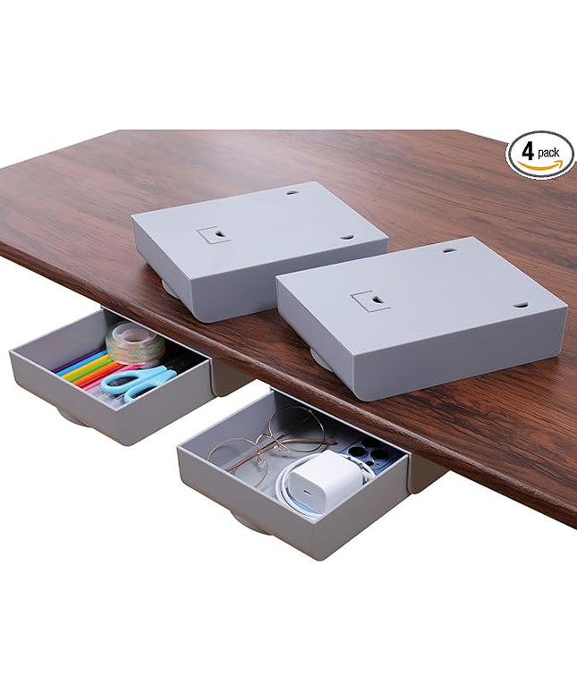 LuluEasy 4 Pack Under Desk Drawer Self-Adhesive Desktop Storage Organizer, Hidden Attachable Slide Out Desk Drawer, Under Table Tray for Pencil Pen Stationery Office Organization, Gray