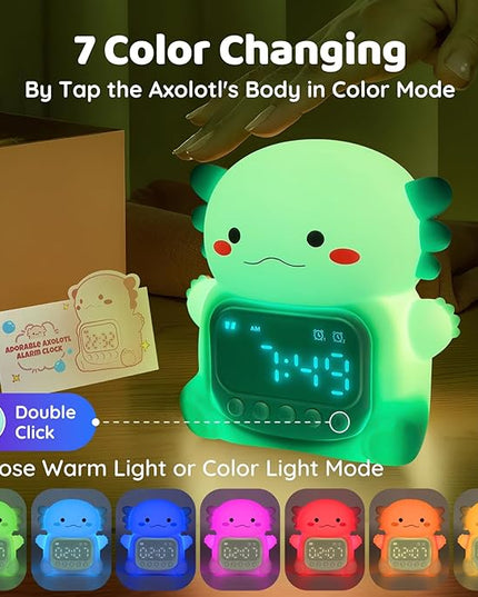 Axolotl Alarm Clock with Night Light for Kids, Rechargeable Silicone Lamp Time to Wake Clock Cute Animal Tabletop Lamp, Perfect Sleep Companion for Boys Girls, Green