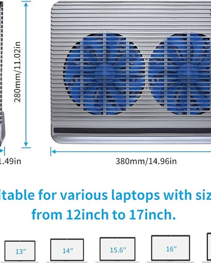 Laptop Cooling Pad, Coolertek USB Powered Laptop Cooler, 2 Blue Silent Big Fans, Height Adjustable Non-Slip Laptop Stand with Dual USB 2.0 Ports, Fits 11-17Inch Notebook - Gray (N2)