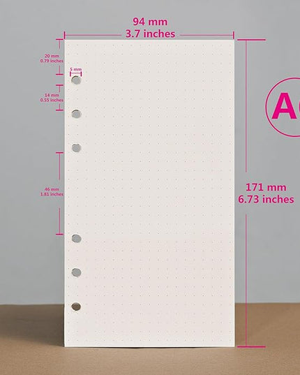 A6 Loose Leaf Refill Paper, 171x94mm, 135 Sheets Dot Grid Planner Refills, 6-Ring Binder Compatible, 100GSM Insert Papers for Notebooks, School, Office, College Notes, Journaling & Printing