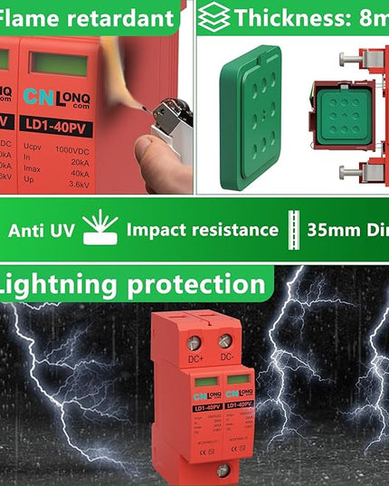 2P 40KA Voltage Surge Protector DC 1000V Solar PV Lightning Arrester Device for Rv, Home Lightning Protection System 35mm DIN Rail Mount (2pcs)