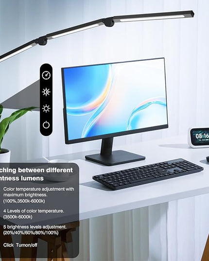 LED Desk Lamp with Clamp, Adjustable Swing Arm for Home Office, Dimmable Tempering Eye Care Table Light, Black Aluminum