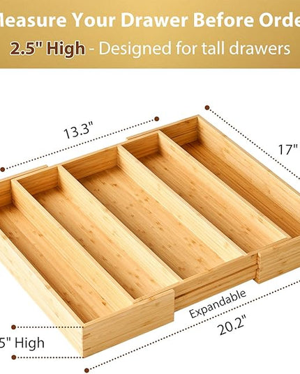 Umilife Expandable Kitchen Drawer Organizer, 2.5" High Bamboo Utensils Silverware Tray, Adjustable Large Deep Wood Organization Holder