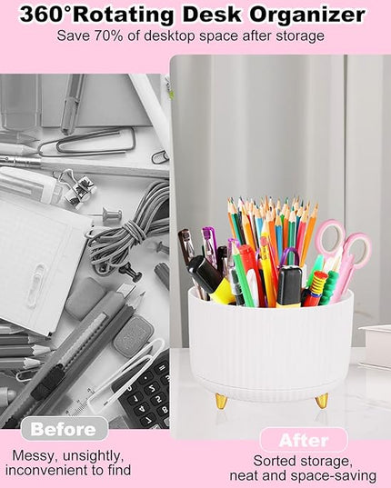 Desk Organizers and Accessories Set with 360-Degree Rotating Pen Holder, Tape Dispenser, Stapler, Staple Remover, 1000 Staples, Tape, Clips Set, Ruler, Scissor, Pen