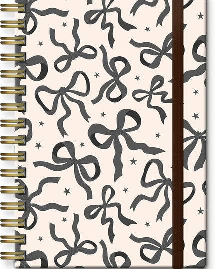 Spiral Journal Notebook, A5 Cute Notebooks for Women Men, College Ruled Hardcover Notebook for Work & Note Taking, 60 Pages Double-Wire Journals for Writing (Beige Grey Bow)