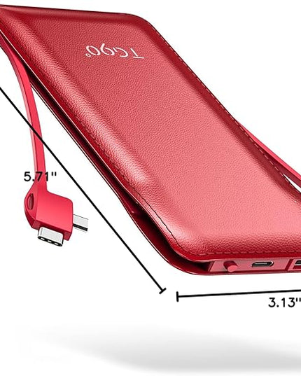 TG90° Portable Charger 10000mah Cell Phone Battery Backup, Ultra Slim Power Bank with Built in Cables(No AC Plug), Portable Phone Charger Battery Packs Compatible with iPhone Android Phones
