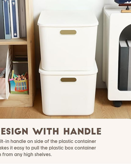 Tuanse 8 Pieces White Plastic Storage Bins with Lids, Stackable Storage baskets with Handle Containers Box for Shelves Drawers Desktop Playroom Classroom Office Organization(16 x 12 x 9.7 Inches)