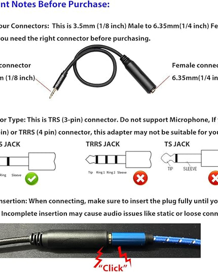 WISYIFIL 1/4 to 3.5mm Headphone Cable Adapter,TRS 6.35mm Female to 3.5mm Male 1/8 to 1/4 Stereo Audio Adapter,for Headphone, Amplifiers, Guitar, Amp etc. Nylon Braided Cable 1ft (30cm)