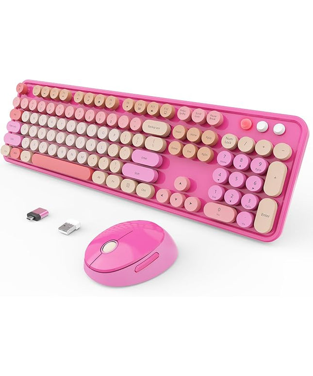 Wireless Keyboard and Mouse Combo, Ergonomic Full Size Typewriter Retro Round Keycaps Keyboard, Compatible with Windows, PC, Perfer for Home and Office Keyboards （Red）