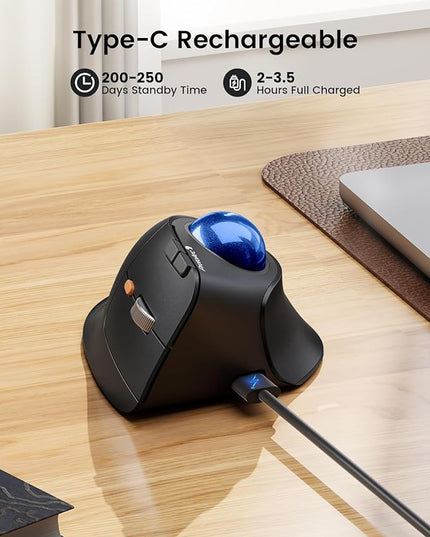ProtoArc Vertical Wireless Trackball Mouse, EM05 NL Bluetooth Ergonomic Rollerball Mouse Rechargeable Computer Laptop Thumb Mice, 3 Device Connection, Compatible with iPad, Mac, Windows, PC-Blue