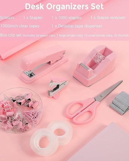 SKYDUE Pink Office Desk Accessories, Pink Office Supplies, Stapler, Tape Dispenser, Scissors, Clips and 1000pcs Staples,Office Supplies for Desk for Women