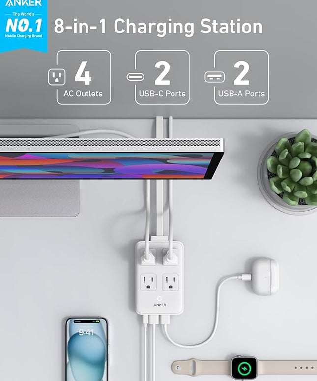 Anker Charging Station, 20W Max 8-in-1 USB-C Power Strip for iPhone 15/14 and MacBook Air/Pro, 5 ft Thin Cord with 4 AC, 2 USB-A, and 2 USB-C Ports, Fast Charging Desktop Charger for Travel, Office