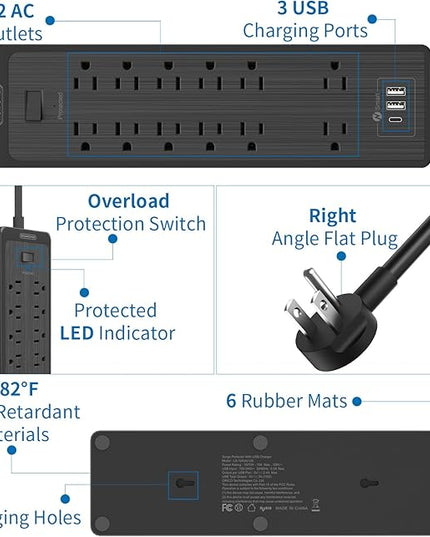 NTONPOWER 25 Ft Extension Cord Flat Plug, 12 Outlets(2 Widely Space) 3 USB with 2100J Surge Protector Power Strip, Overload Protection, 1875W/15A, Wall Mount for Home Office, Workbench or Garage,Black