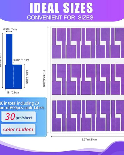 600 PCS Cable Labels - 12 Color Wire Tags for Laser Printing & Handwriting, Waterproof Tear-Resistant Cord Organizers, Strong Adhesive for IT, Office & Industrial Use
