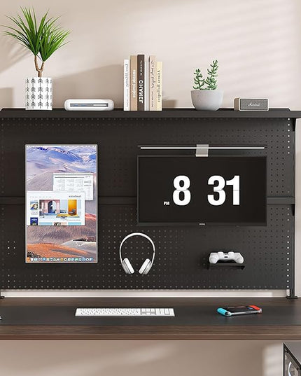 KEIKI Metal Pegboard Desk Organizer with Dual Monitor Stand, 59" x 35" Large Desk Peg Board with Hooks & Movable Panel, Office Organization and Storage Shelf for Gaming or Workstation Setup, Black
