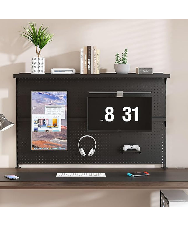 KEIKI Metal Pegboard Desk Organizer with Dual Monitor Stand, 59" x 35" Large Desk Peg Board with Hooks & Movable Panel, Office Organization and Storage Shelf for Gaming or Workstation Setup, Black