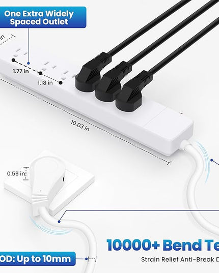 Elecan 3 Prong Power Strip with 4 FT Extension Cord, 5 AC Outlets+1 Widely Spaced Outlet, Space Saving 45 Degree Flat Plug, 14AWG 1875W 125V 15A, Wall Mountable Multi Outlet Extender, ETL, White