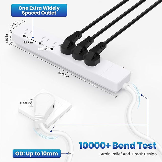 Elecan 3 Prong Power Strip with 4 FT Extension Cord, 5 AC Outlets+1 Widely Spaced Outlet, Space Saving 45 Degree Flat Plug, 14AWG 1875W 125V 15A, Wall Mountable Multi Outlet Extender, ETL, White