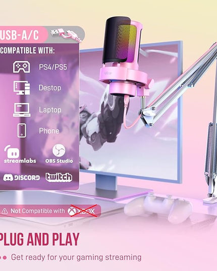 FIFINE USB Streaming Microphone with Boom Arm, Gaming Mic Kit for PC PS4/PS5, Podcast Microphone for Podcast with RGB Control, Mute Button, Gain Knob, Headphones Jack, Pop Filter-A8T Pink