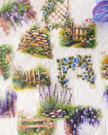 Dwpetzo Garden Flower Landscape Stickers for Journaling, 6 Themes Transparent PET Wildflower Brick Wall Fence Vines Stickers for Scrapbooking, Junk Journal Supplies, Collage, Planner, Mixed Media