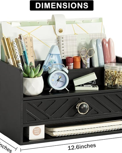 dreampossible Black Wood Desk Organizer and Accessories with Drawer, Bill Mail Organizer and File Mail Holder for Office Supplies, Desk Accessories & Workspace Organizers for Desk Organization