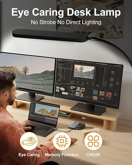 SKYLEO Led Desk Lamp - Desk Light for 33.5" Tall - Flexible Gooseneck - 5 Color Modes X 11 Brightness Levels - 1300LM - Timmer & Memory Function - 12W Clip on Light - Black