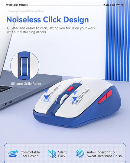 Wireless Mouse (Bluetooth & 2.4GHz USB) with Forward/Backward Side Keys, Silent Click, Ergonomic Portable AA Battery Mice for Laptop/Mac/iPad - Office & Travel Use, White & Blue