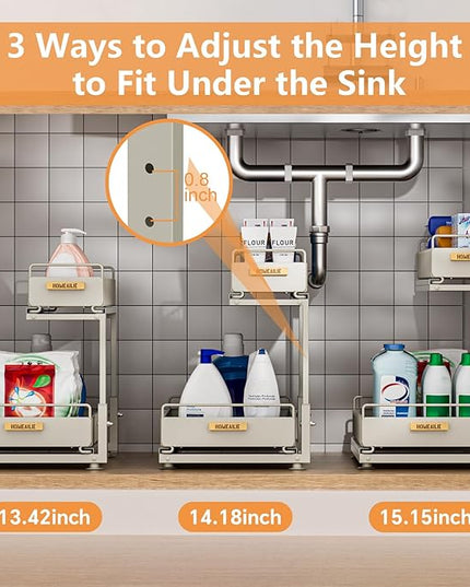 Under Sink Organizer, High Adjustable 2 Tier Under Kitchen Sink Organizer, Multi-Purpose Storage Shelf for Kitchen Bathroom Cabinet, Gray