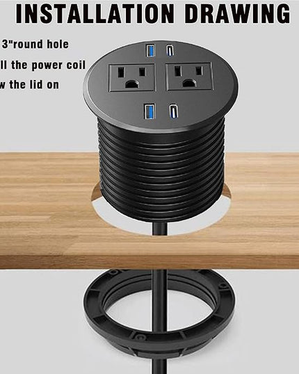 Recessed Power Strip,Fast Desktop Charging Station,2 Outlets,4 USB Ports to Desktop,Plain Mounted Desktop Power Outlet,3 "Hole,6.5 FT Cable for Computer,Desk,Kitchen,Office (Black)