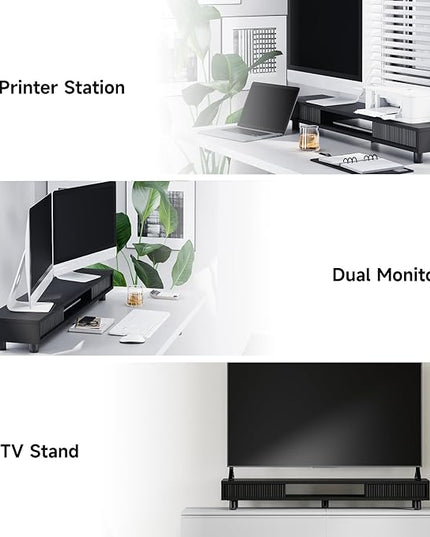 Fenge Dual Monitor Stand, 42.5inch Long Monitor Stands Riser for 2 Monitors, Sliding Door with Storage Organizer Stand for Desk, 2 Tier Desk Shelf for Laptop, Pc, Printer, Computer, TV