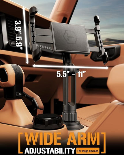 ToughTested Boom Cup Holder Tablet Mount – Heavy-Duty iPad & GPS Car Mount for Cup Holder – 360° Rotating Arm, Fits Tablets Up to 13", Anti-Vibration, Universal for Trucks, SUVs, Vans & Cars