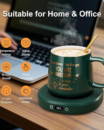 Coffee Mug Warmer & You are Awesome Mug Set, Electric Cup Warmer with Auto Shut Off, 4 Temperature Setting Smart Beverage Warmer, 8-Hours Auto Shut Off