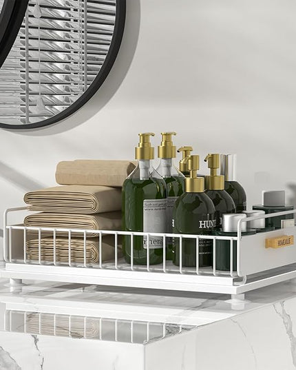 Under Sink Organizer, Single Tier Metal Pull Out Sliding Drawer Shelf for Kitchen Bathroom Cabinet Storage, Sturdy Rack – White