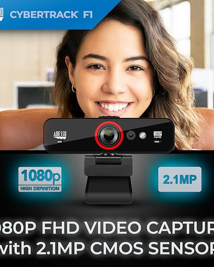 ADESSO CyberTrack F1 1080P HD Fixed Focus USB Windows Hello Webcam, Camera for Desktop PC Built-in Dual Microphone, Privacy Shutter, Audio/Video Mode Privacy ON/Off Switch & Tripod Mount