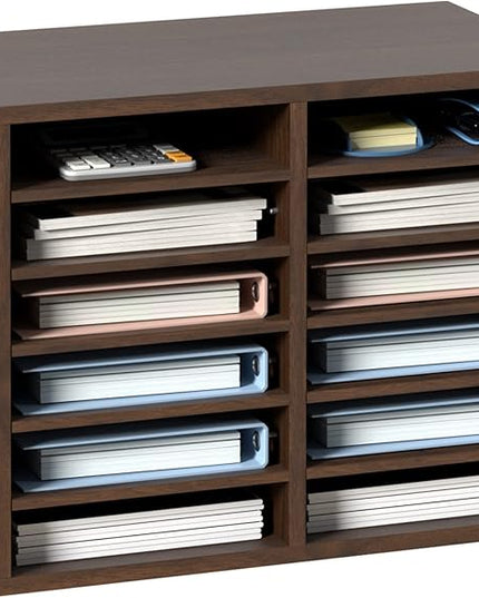 VEVOR Literature Organizers, 12 Compartments Office Mailbox with Adjustable Shelves, Wood Literature Sorter 20.4x12x16.1 inches for Office, Home, Classroom, Mailrooms Organization, EPA Certified Brown