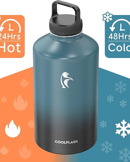 Coolflask 128 oz Gallon Water Bottle Insulated with Straw&3 Lids, Water Jug Large Stainless Steel Metal Vacuum Wide Mouth for Sports, Gym or Office, Non-BPA Keep Cold 48H Hot 24H, Samurai Cyan