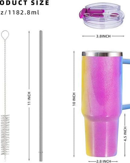 40 oz tumbler with handle and straw,Double Wall Vacuum Reusable Stainless Steel Insulated Water Bottle,With Leak Proof lid and Straw for Iced or Cold Beverages (Carnival)