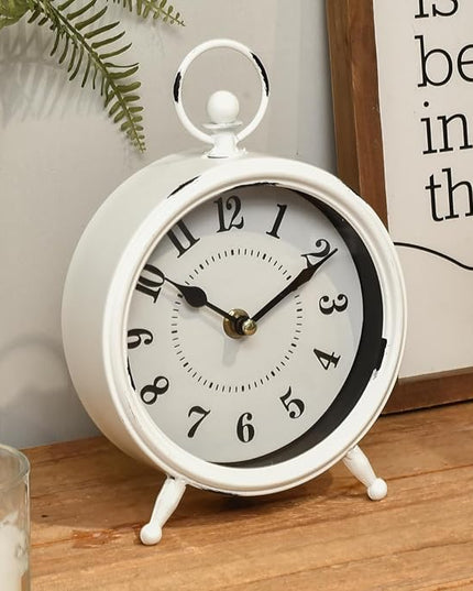 MACVAD Small white table clock Vintage Rustic White Table Clock on Stand, Decorative Desk and Shelf Clock Farmhouse Mantel Clock Rustic Non-Ticking Clock