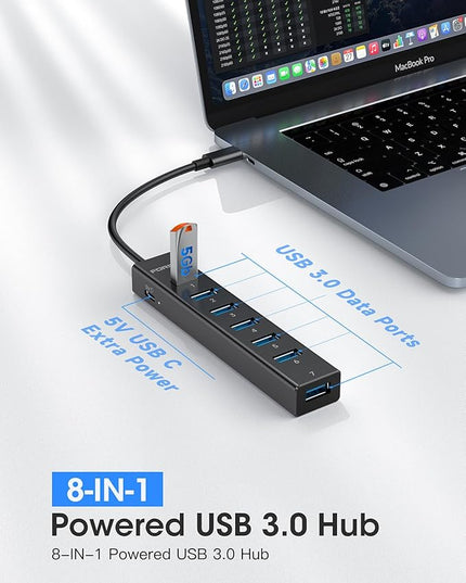 FORIDA USB C Hub-8 Port USB HUB with 7 USB3.0 Data Ports,Aluminum Alloy USBC Splitter with Type C 5V/3A Power Port Compatible with MacBook, iPad, Surface Pro, XPS, Laptop,PC (Black,USB C-9.8in)