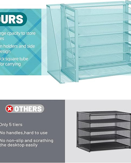Simple Trending 6 Tier Desk File Organizer, Paper Letter Tray Organizer with File Holder and Pen Container, Blue
