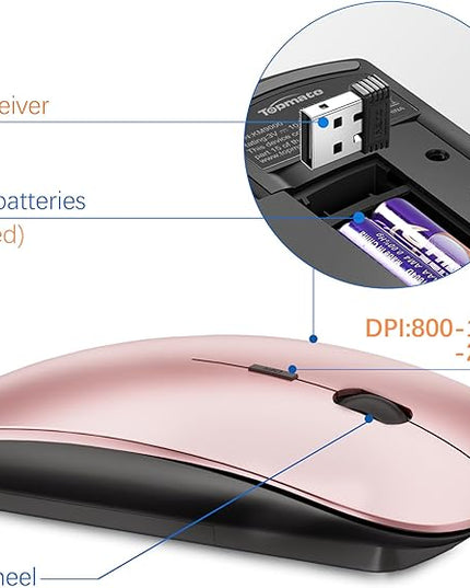 Wireless Keyboard and Mouse Ultra Slim Combo, TopMate 2.4G Silent Compact USB 2400DPI Mouse and Scissor Switch Keyboard Set with Cover, Batteries Included, for PC/Laptop/Windows/Mac - Rose Gold Black