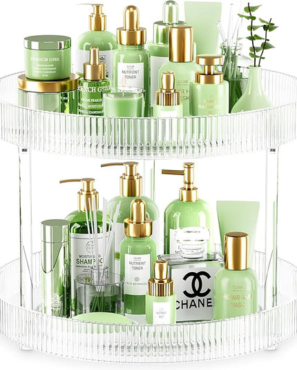 Acina 2-Tier Bathroom Countertop Organizer: 360° Clear Lazy Susan Rotating Storage Tray - Spinning Perfume Cosmetics Vanity Shelf for Bathroom Cabinet, Kitchen (Large)